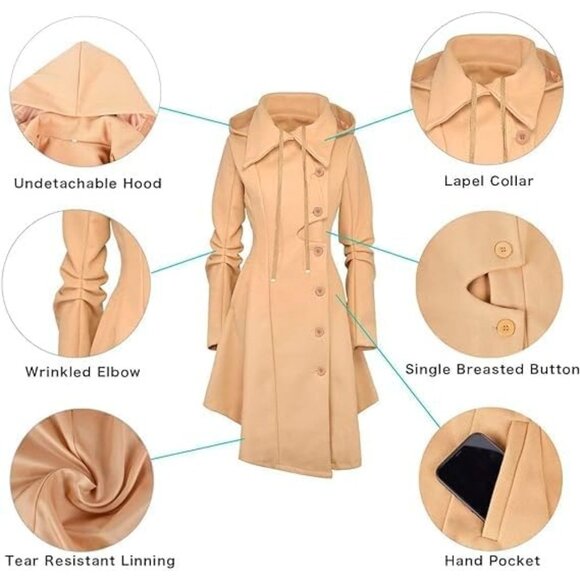 💫 Women Cream Long Trench Coat Wool Winter GothLapel Outwear Thick Hood Peacoat - Picture 5 of 6
